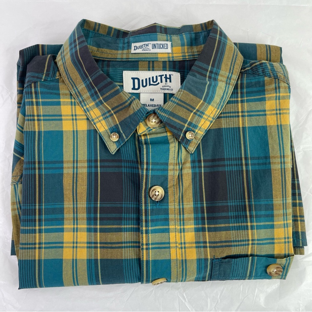 Duluth Trading Co Men's Plaid Button Down Shirt Blue Yellow Size Medium